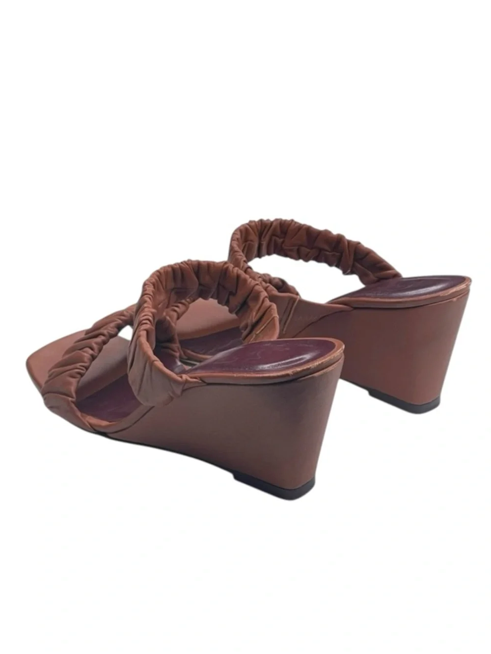 Staud 𒀭 Frankie Ruched 2 Strap Wedge Heel Sandals 𒀭Brown Leather 𒀭36 5.5M 6M